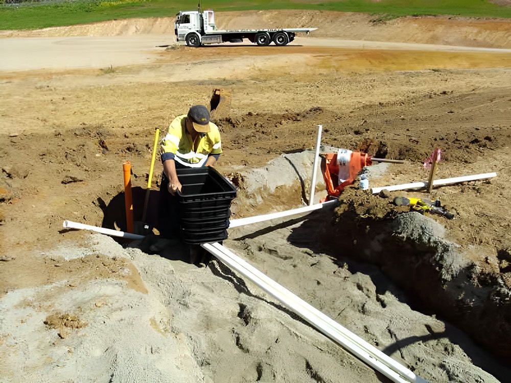 Electrical conduit and cabling being laid in a trench on a construction site.