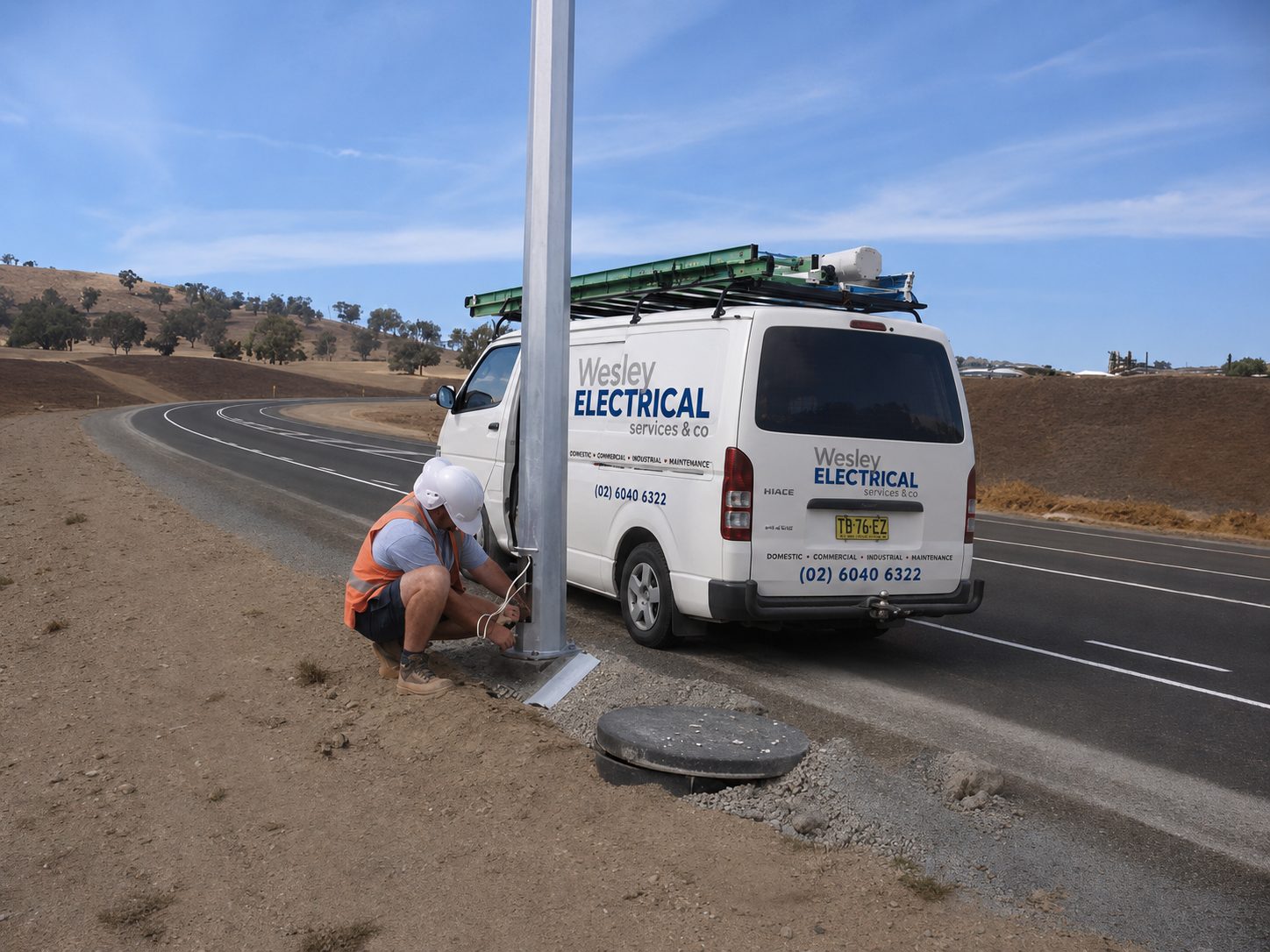 Wesley Electrical Services van parked roadside while a technician works at the base of a power pole.